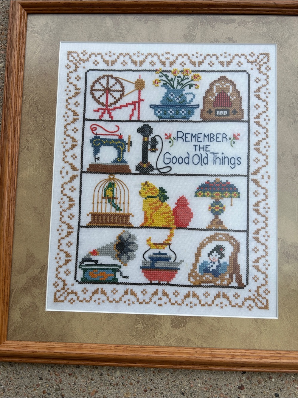 Vintage Framed 'Remember the Good Old Things' Cross-Stitch Wall Art - Multicolo